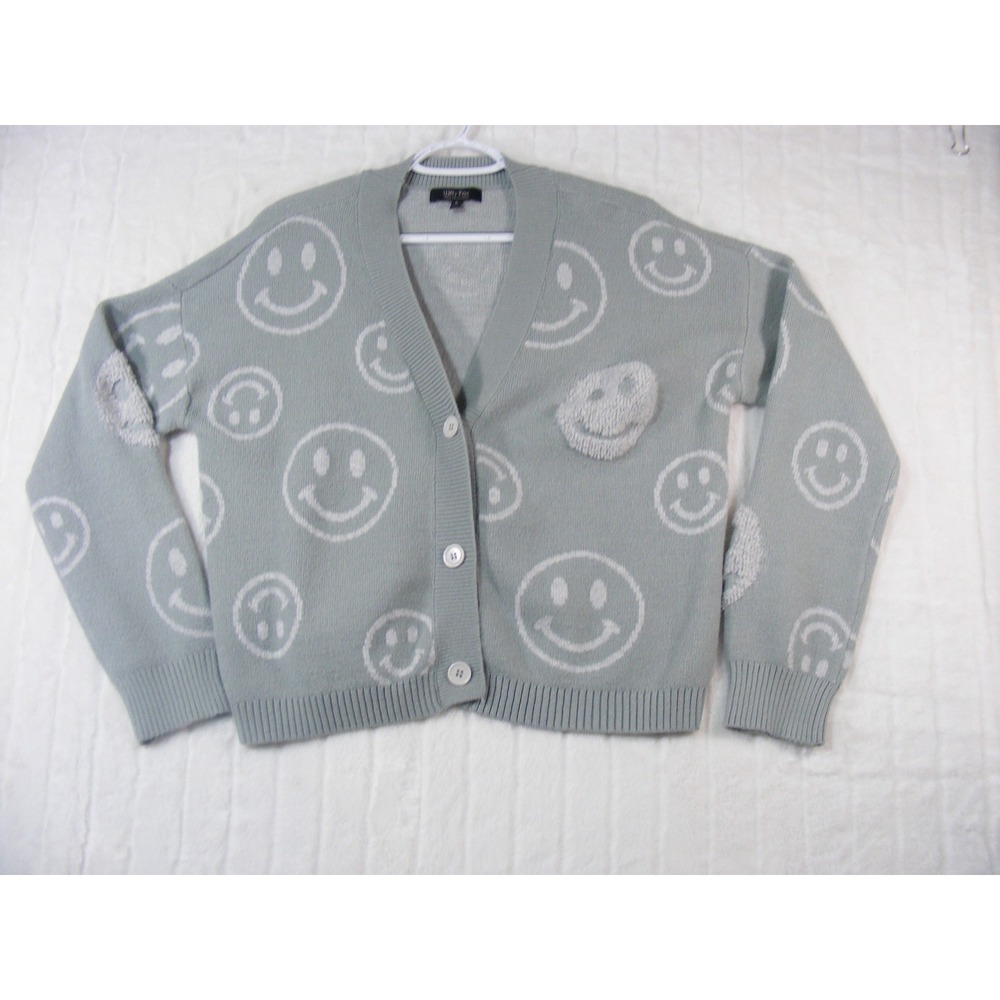 Witty Fox Cardigan Women XL Green Smiley Face Knit Button Front Sweater